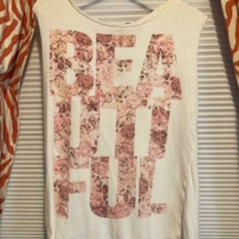"Beautiful" written in floral letters on a white XL Muscle tee,  100% Cotton